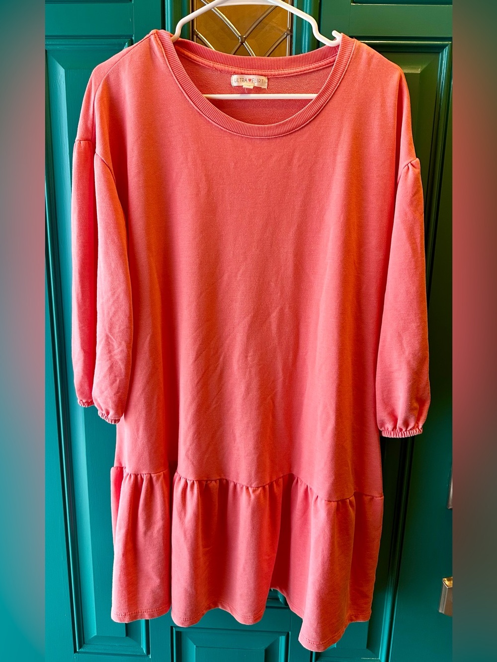 Ultra Flirt Sweatshirt Dress Size 1X Coral Pink Puff Sleeve Tiered Drop Waist